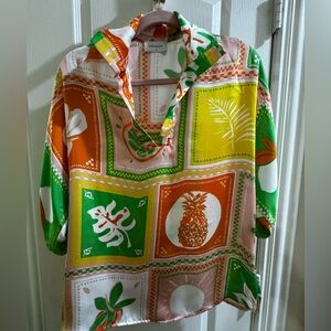 Adrienne Womens Tropical Print Blouse - Orange, Green, Yellow